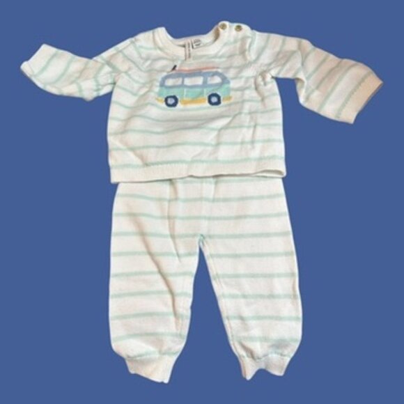 Janie and Jack Sweater White w/sky blue strips Van on Front V6 to 12 mths 2pc - Picture 1 of 8